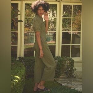 The Odells Anthropologie Army Green Utility Jumpsuit Wide Leg Zip